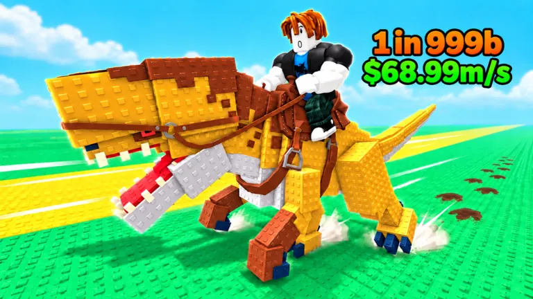 Promotional art of a rider on a blocky yellow dinosaur in Ride a Dino